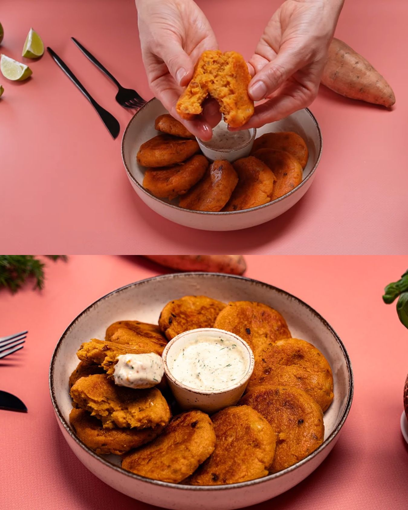 Crispy Sweet Potato Patties with Dill Yogurt Sauce