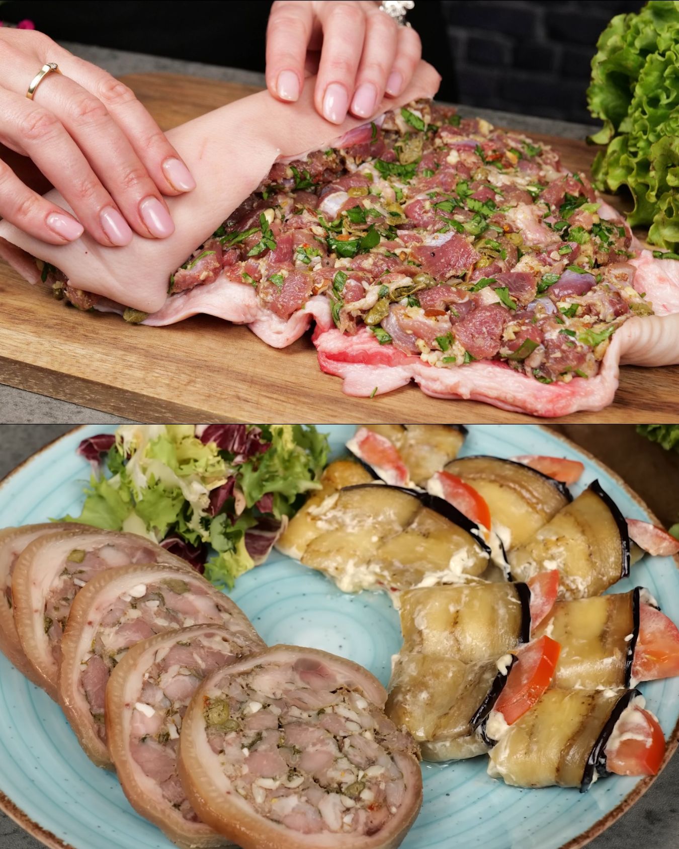 Flavorful Pork Knuckle with Garlic Almond Sauce and Grilled Eggplant
