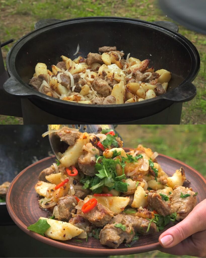 Roasted Pork Neck with Spicy Potatoes and Pomegranate Garnish