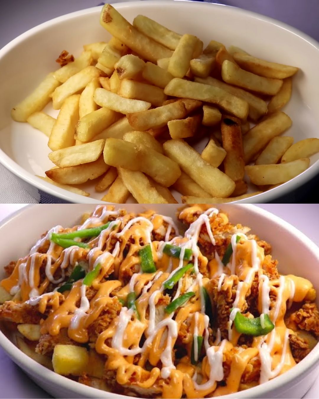 Spicy Fried Chicken with Cheese Sauce and French Fries