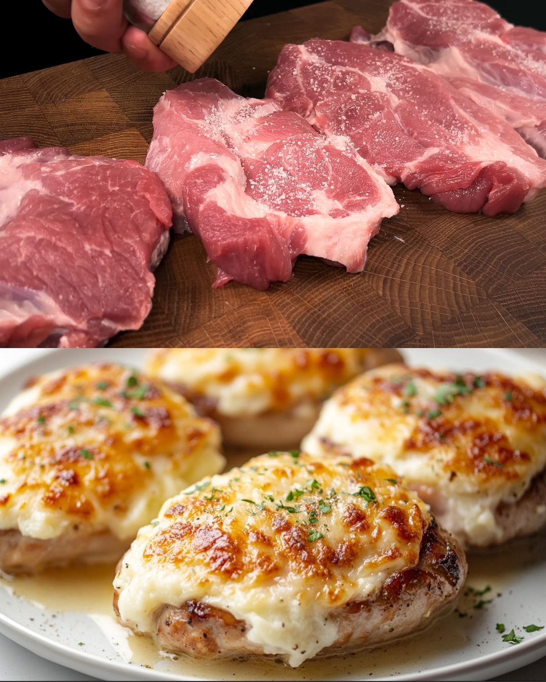 Cheesy Baked Pork with Mashed Potatoes and Tomato Sauce