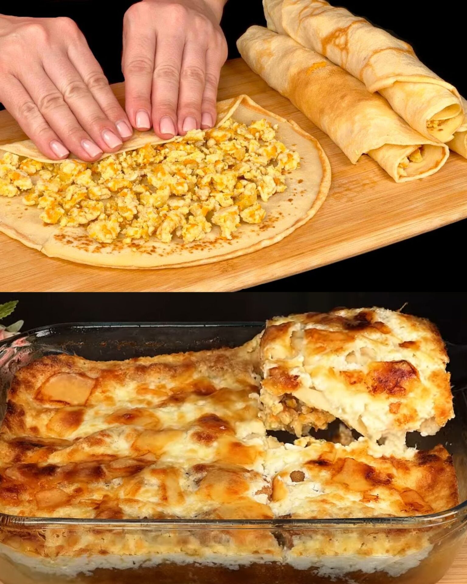 Savory Chicken Crêpe Casserole with Mozzarella and Parmesan