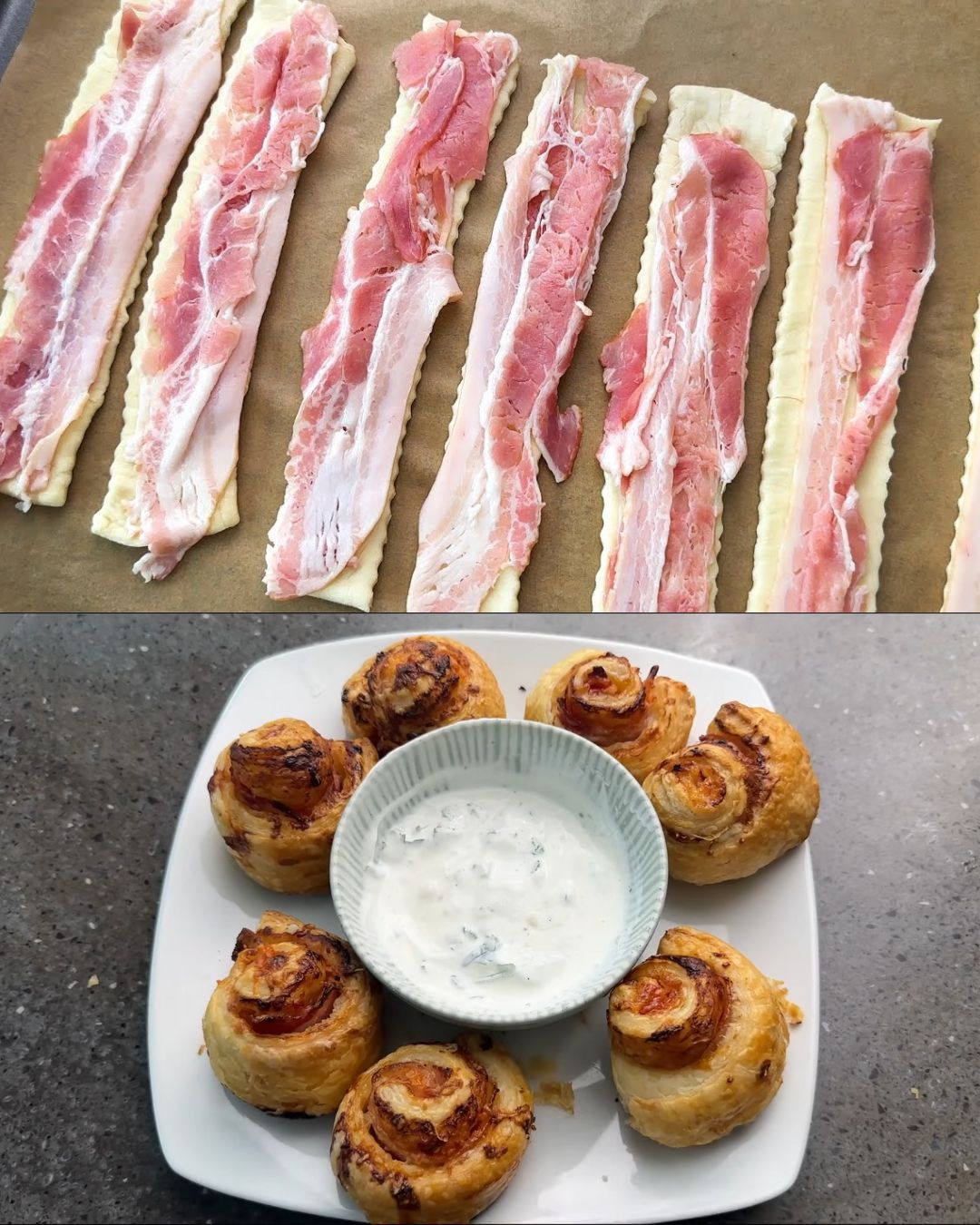 Puff Pastry Bacon Rolls with Creamy Yogurt Sauce