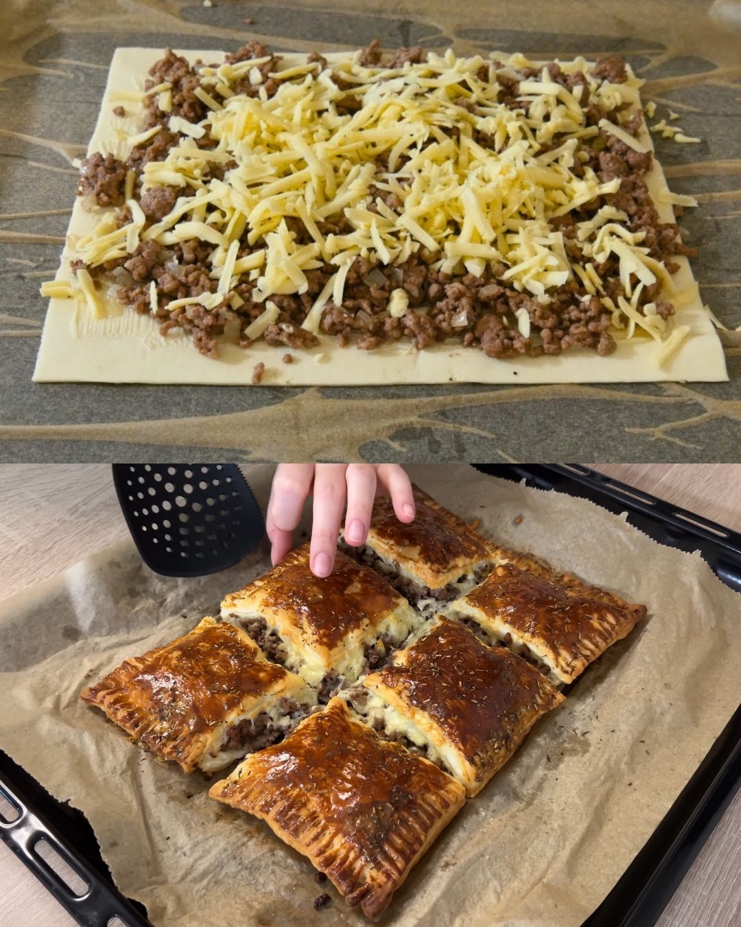 Savory Puff Pastry Rolls with Minced Meat and Cheese
