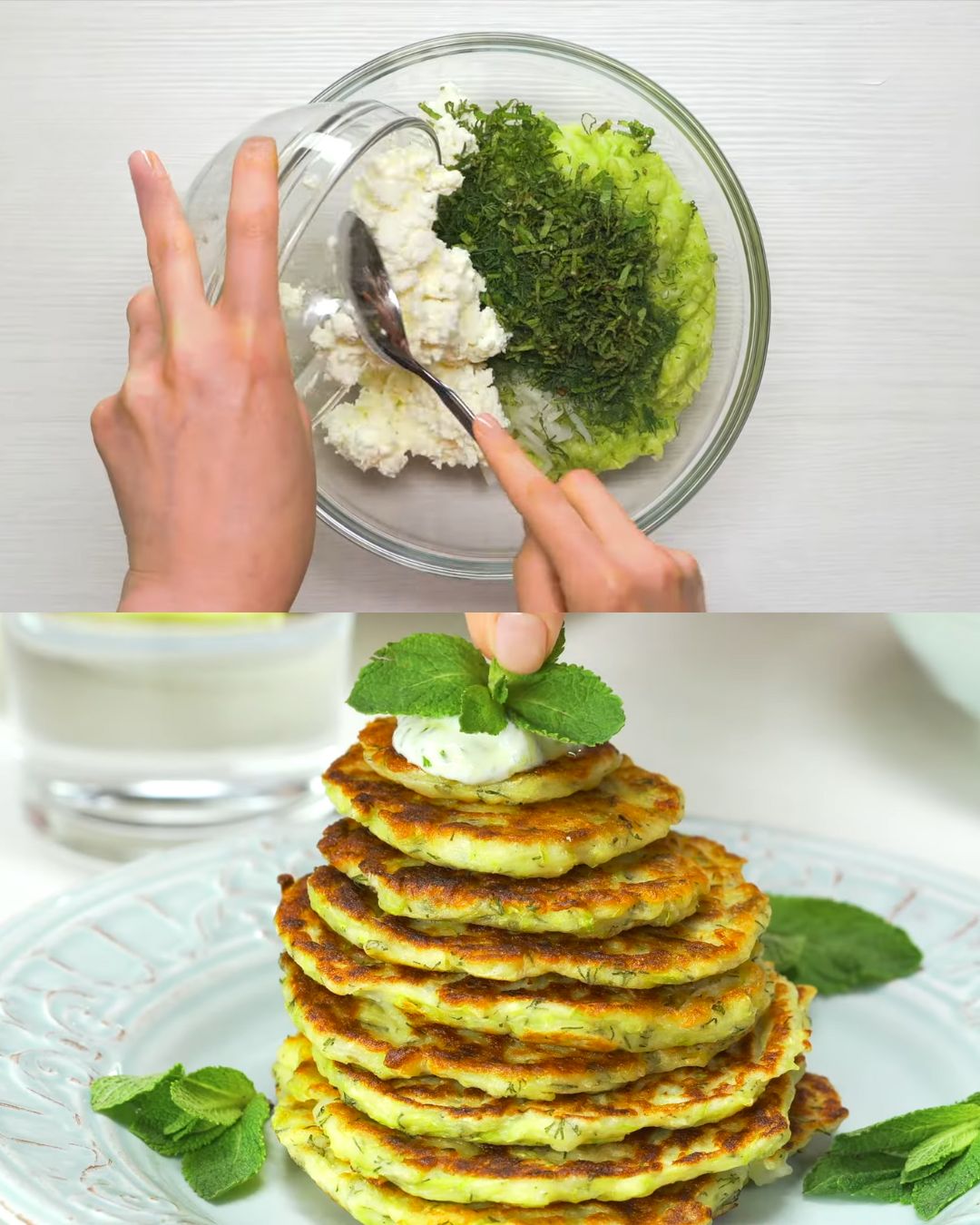 Zucchini Fritters with Feta and Yogurt-Cucumber Sauce