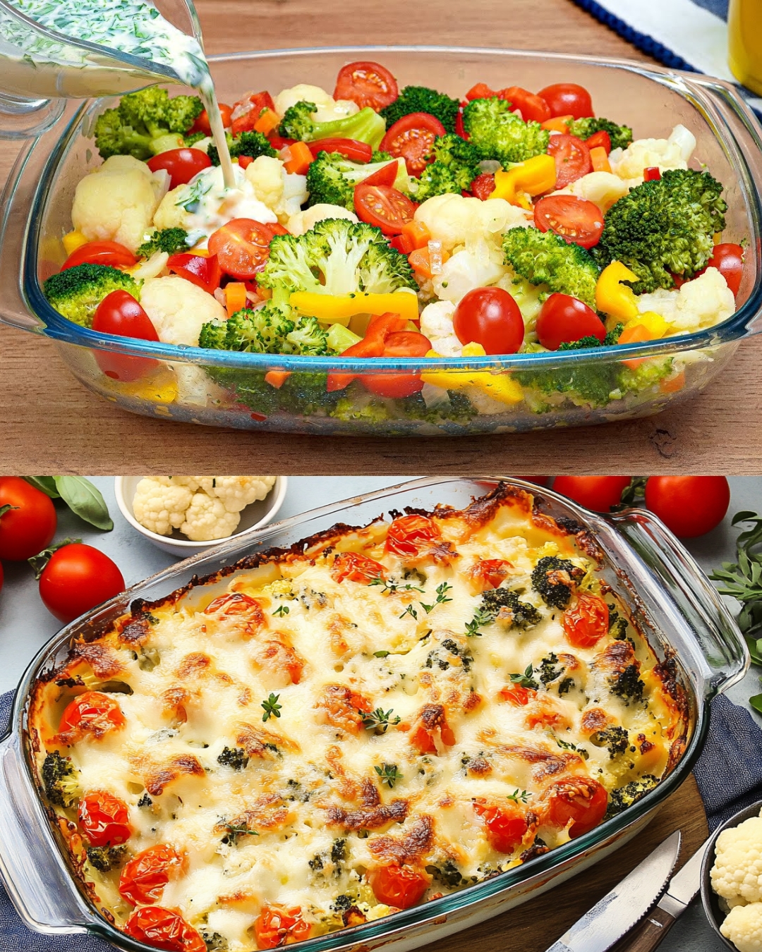 Broccoli and Cauliflower Vegetable Bake with Garlic Herb Sauce