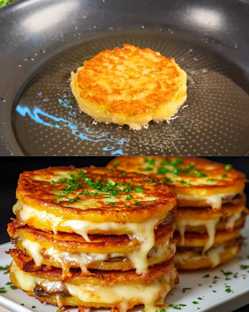 Cheesy Potato Pancakes with Mushroom Filling and Mozzarella finished dish