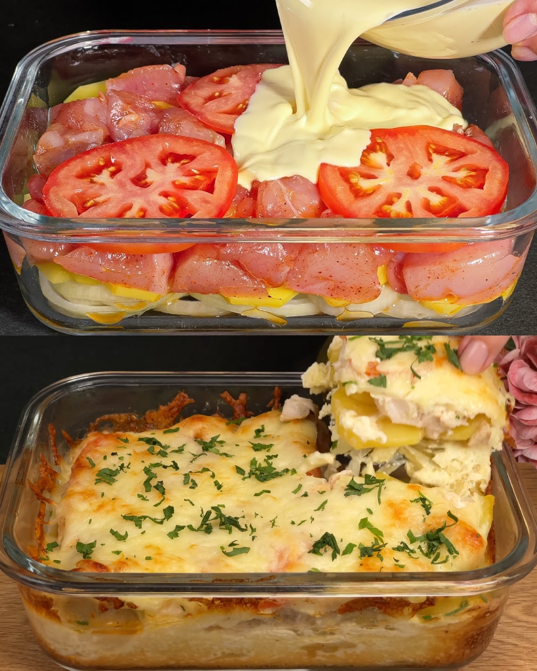 Chicken and Potato Casserole with Fresh Salad and Garlic Sauce
