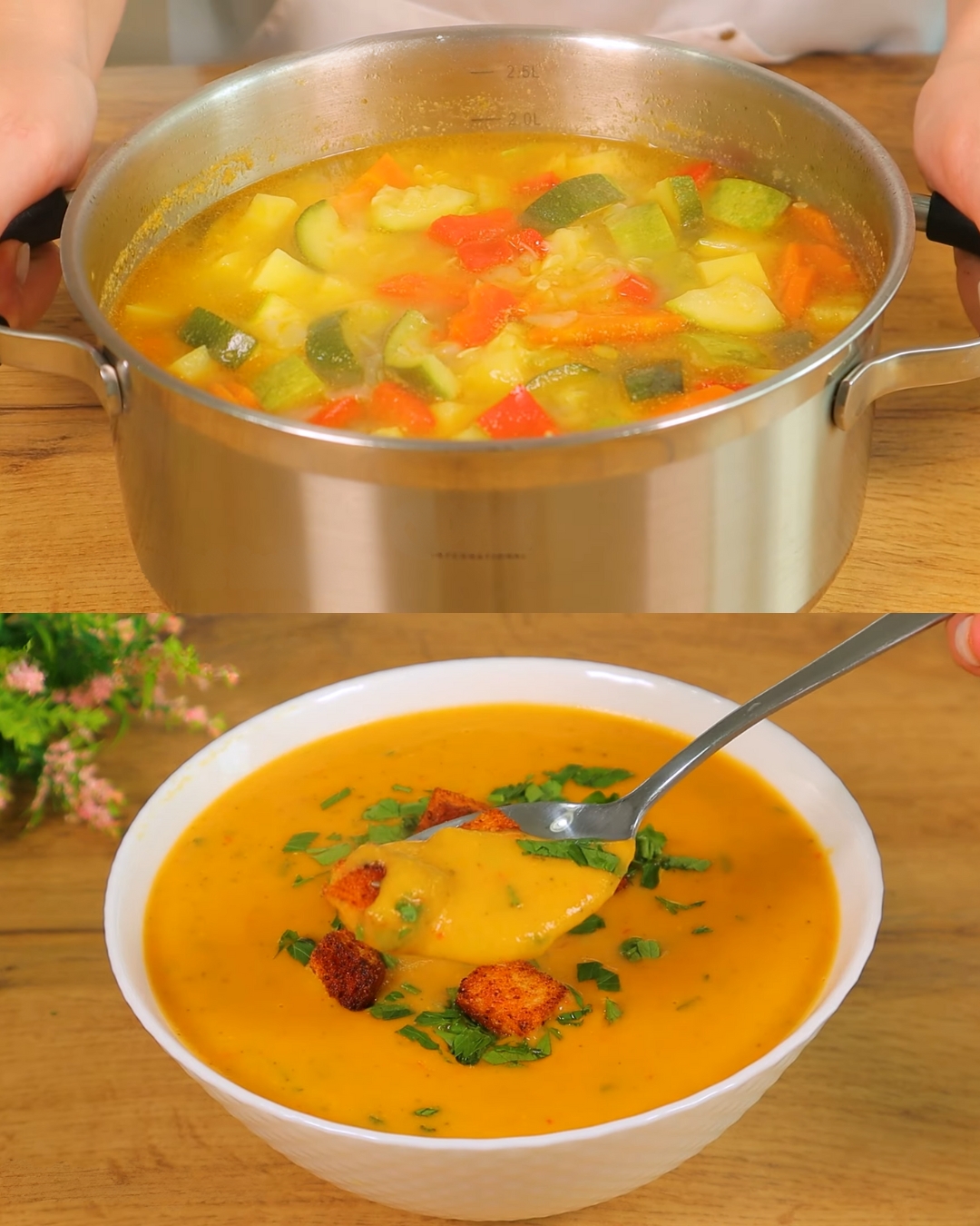 Creamy Vegetable Soup with Homemade Croutons