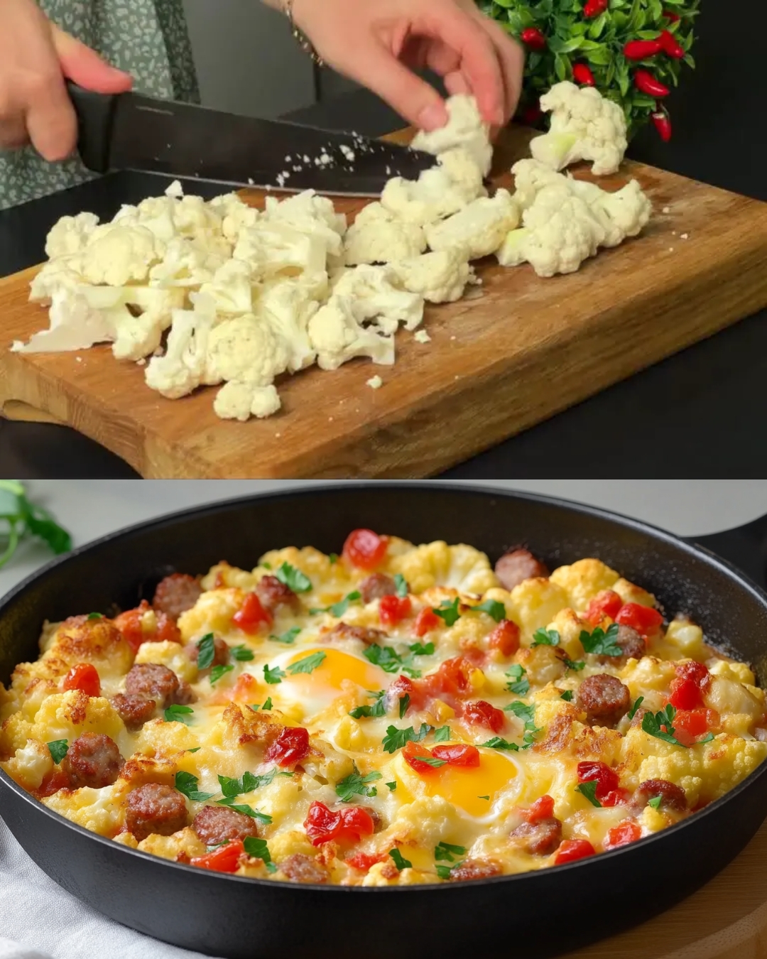 Cheesy Cauliflower and Sausage Skillet with Cucumber-Yogurt Sauce