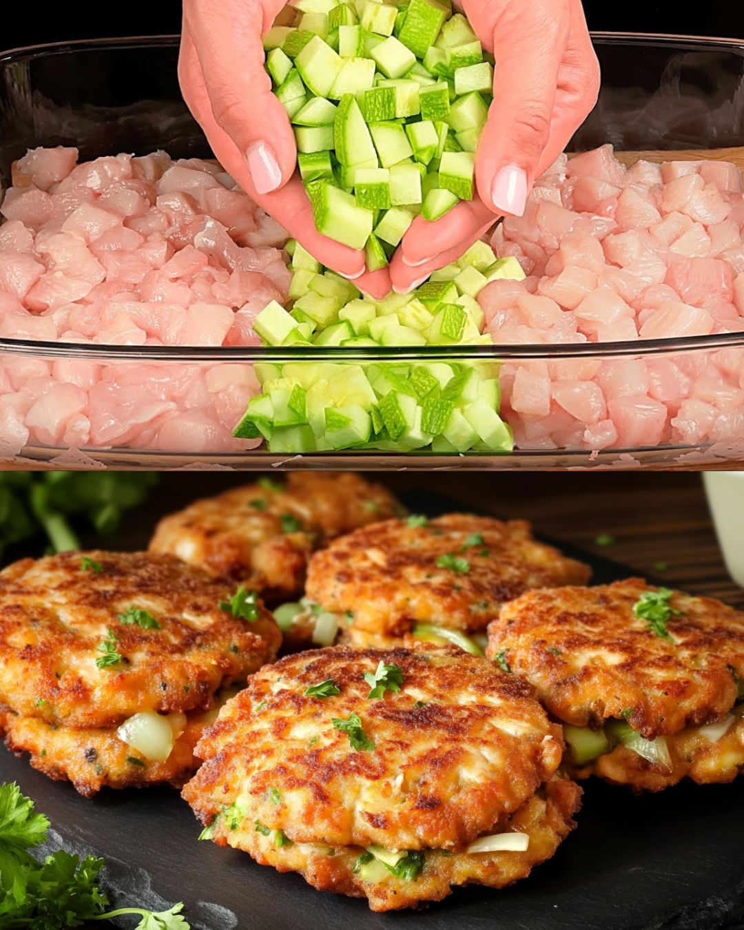 Savory Zucchini Pancakes with Chicken Filling, Fried Eggplant, and Pepper-Tomato Sauce