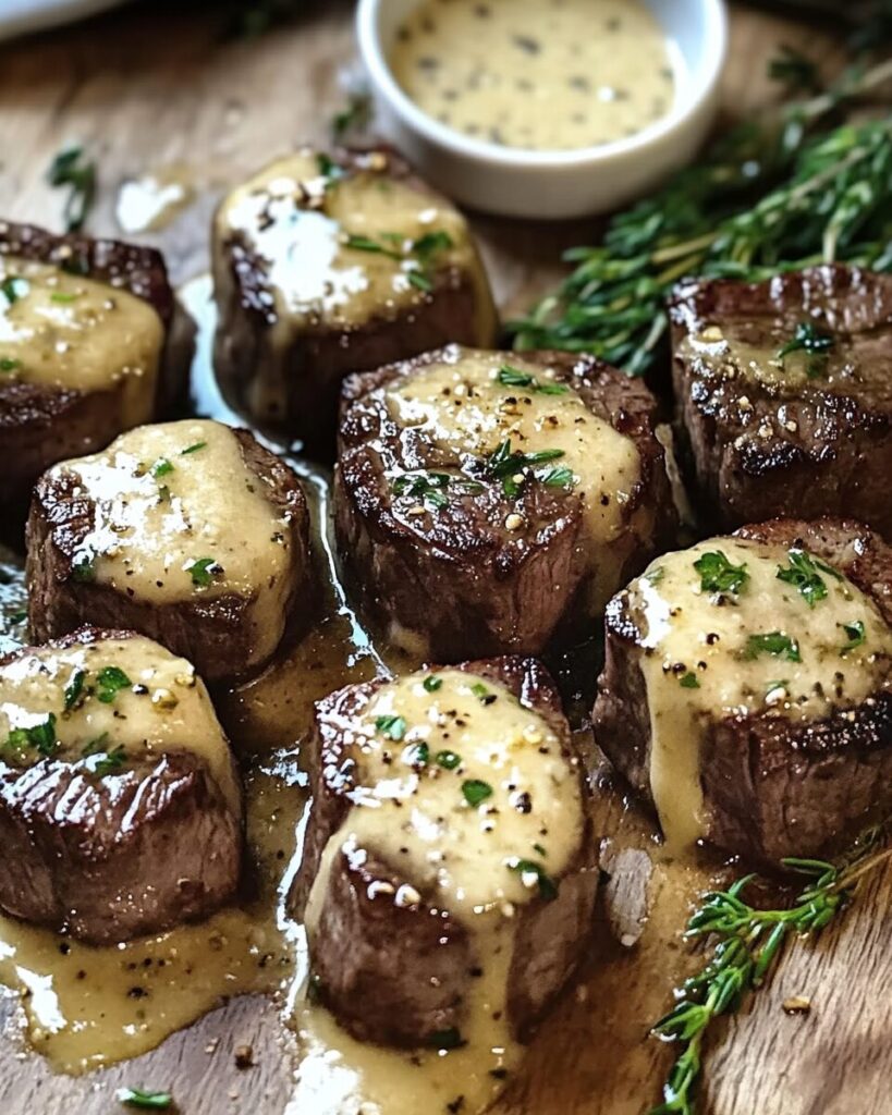 A delicious plate of garlic butter steak bites with a creamy Parmesan sauce, garnished with fresh parsley, served with pasta and crusty bread.