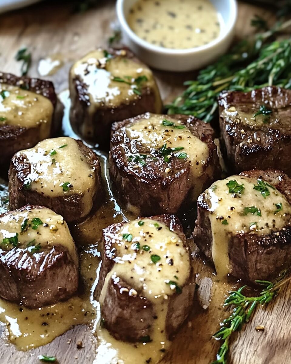 A delicious plate of garlic butter steak bites with a creamy Parmesan sauce, garnished with fresh parsley, served with pasta and crusty bread.