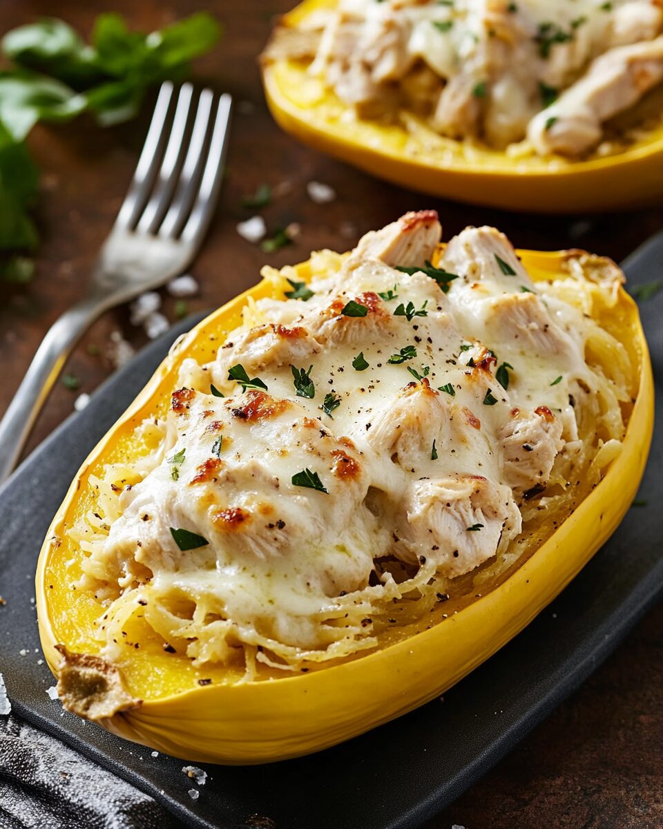 Skinny Chicken Alfredo Stuffed Spaghetti Squash