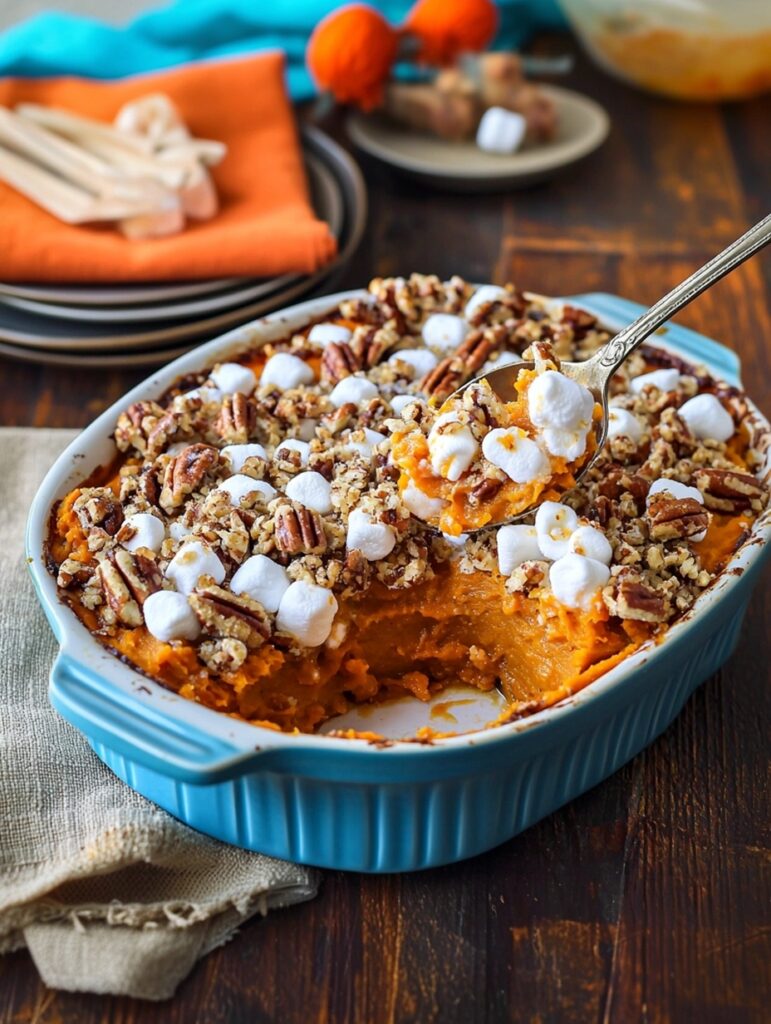 SWEET POTATO CASSEROLE WITH PECAN STREUSEL AND MARSHMALLOW TOPPING: A HOLIDAY CLASSIC