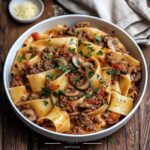 Pappardelle with Ground Beef and Mushroom Tomato Sauce