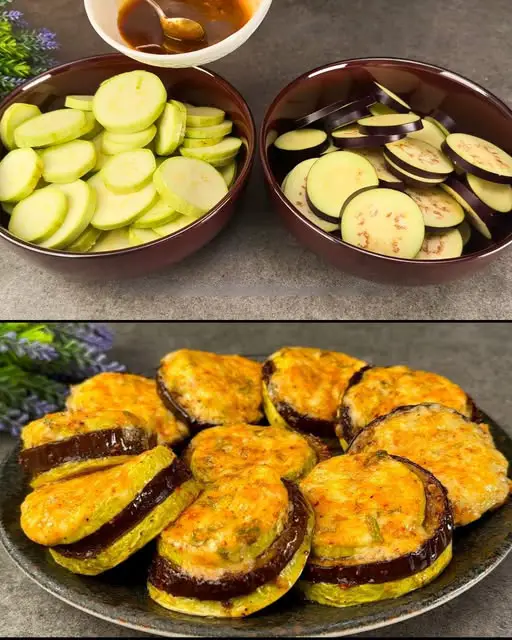 Cheesy Baked Zucchini and Eggplant with Dill Yogurt Sauce