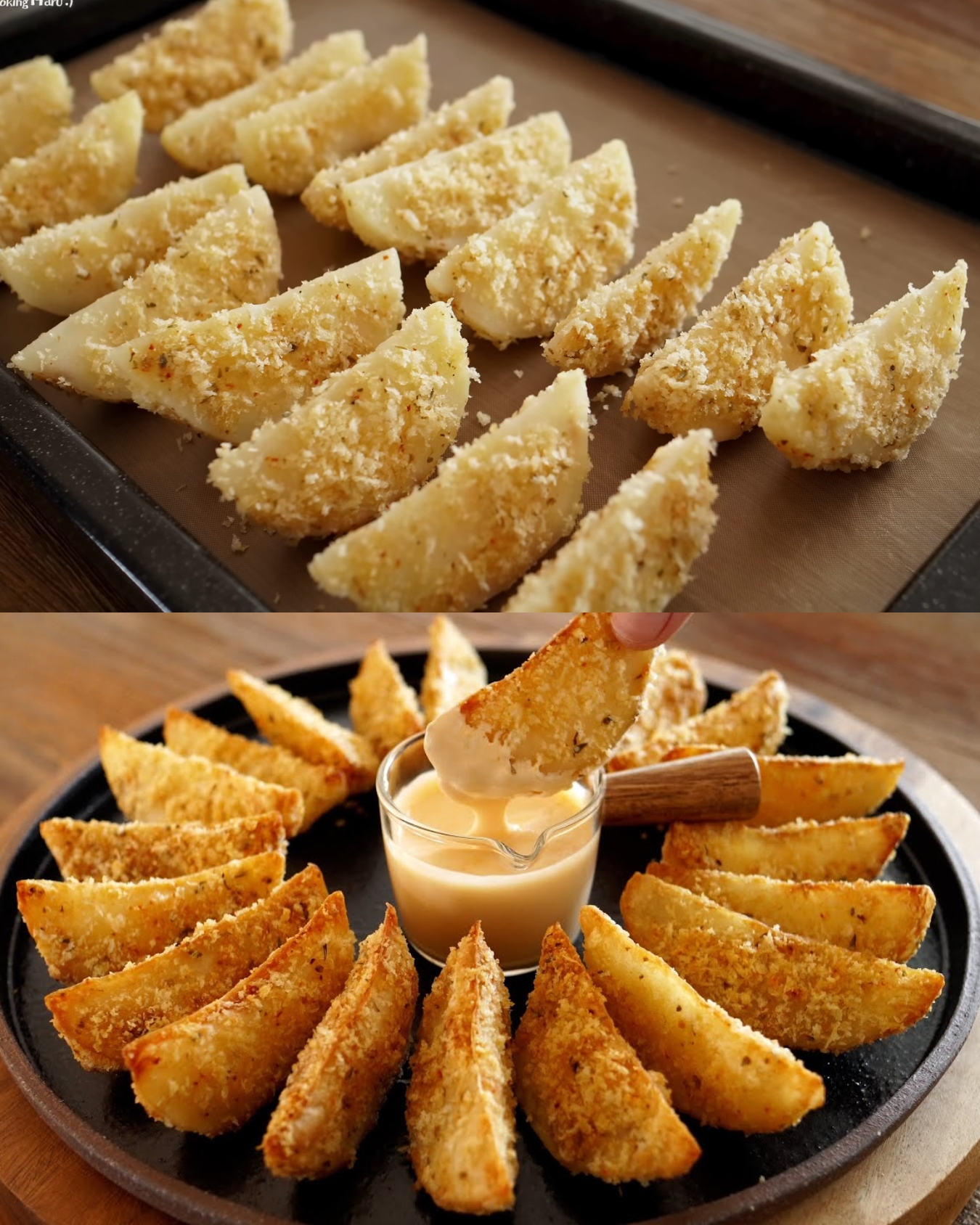 Crispy Baked Potato Wedges with Cheese Sauce