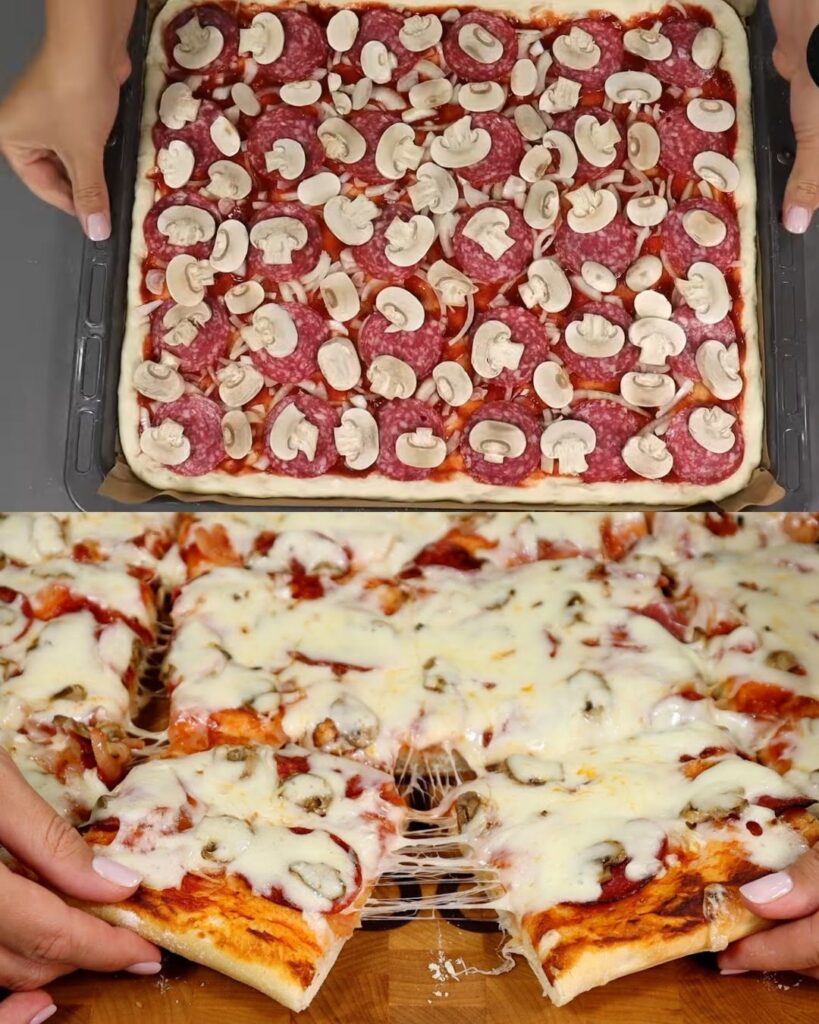Classic Homemade Pizza with Salami, Mushrooms, and Mozzarella finished dish