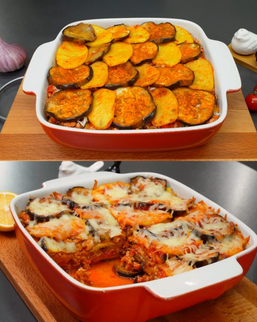 Baked Eggplant and Potato Casserole with Meat and Mozzarella
