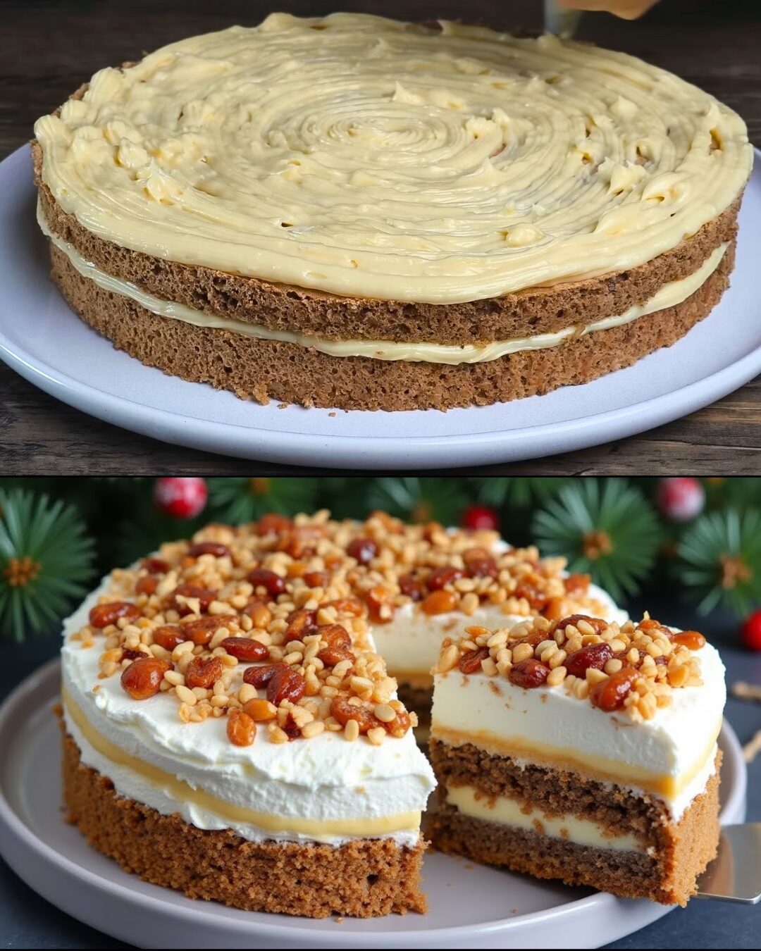 Walnut Cake with Cream Layers and Caramelized Walnuts