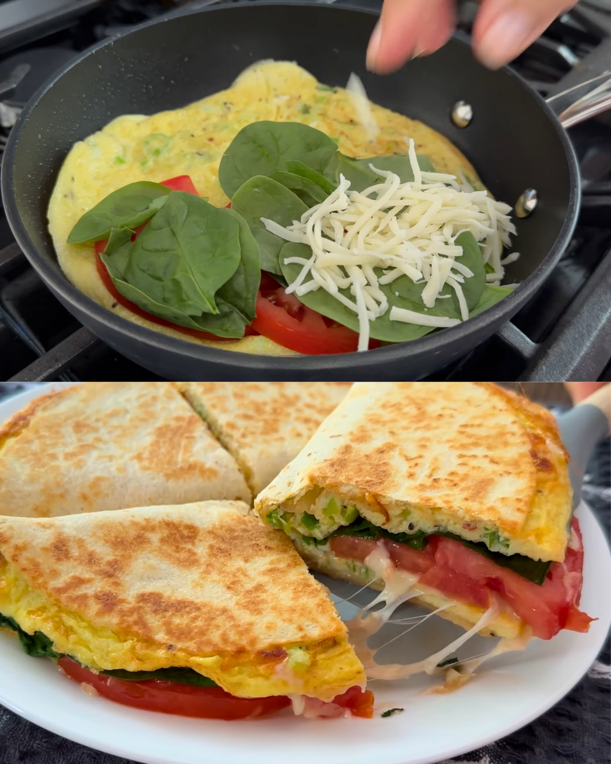 Cheesy Spinach and Tomato Tortilla Omelette