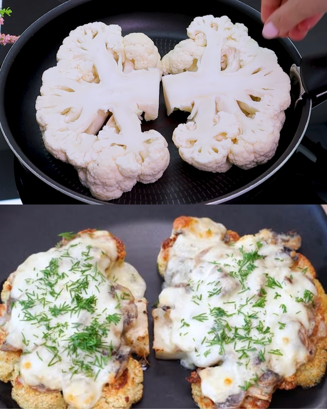 Cauliflower Steaks with Mushroom and Mozzarella Topping