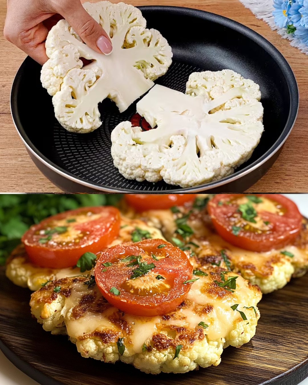 Cheesy Cauliflower Steaks with Sliced Tomato