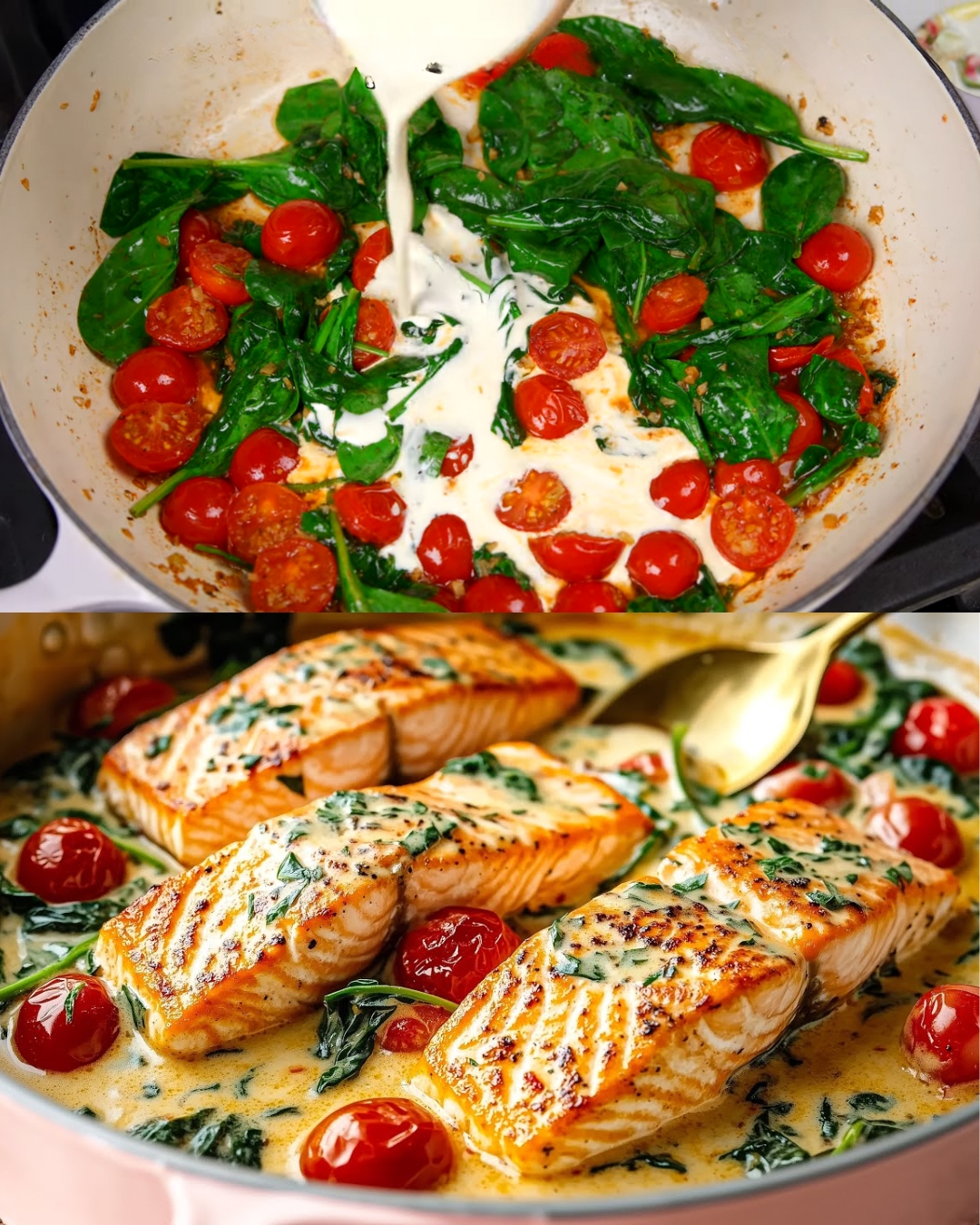 Pan-Seared Salmon with Creamy Spinach and Tomato Sauce
