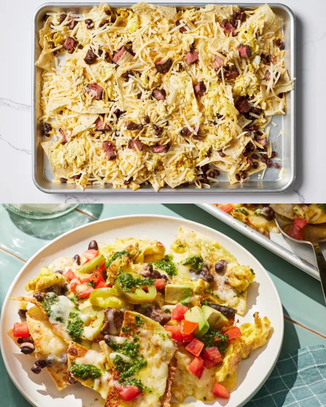 Steak and Egg Nachos with Chimichurri Sauce