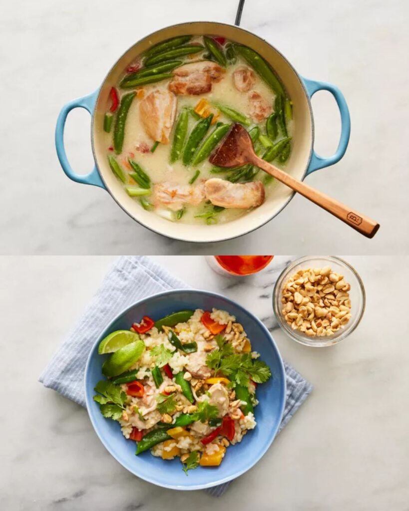 Coconut-Ginger Chicken with Vegetables and Sushi Rice finished dish