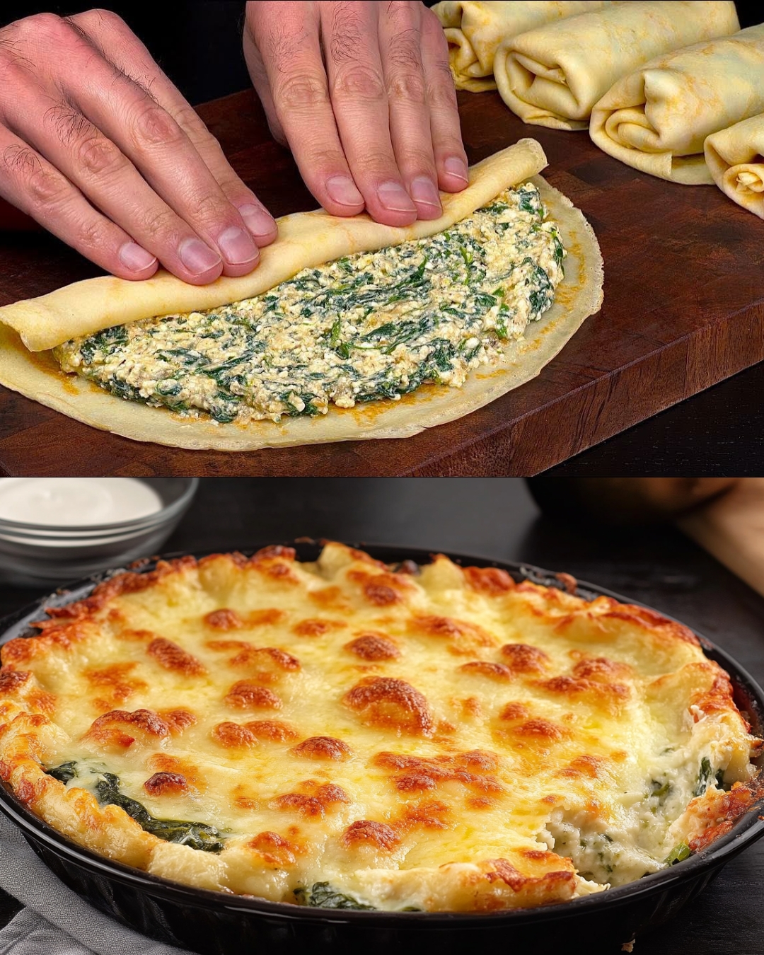 Savory Spinach and Cottage Cheese Pie with Blue Cheese Sauce