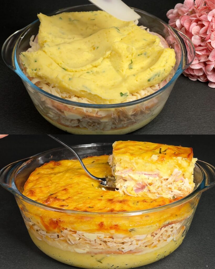 Cheesy Chicken and Potato Bake with Garlic Dill Sauce