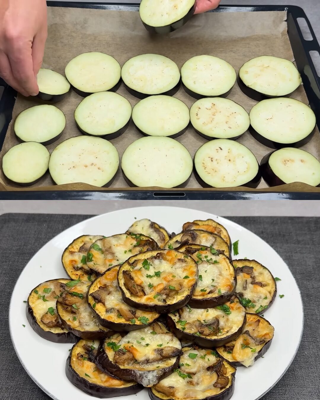 Baked Eggplant and Mushroom Rounds with Cheese