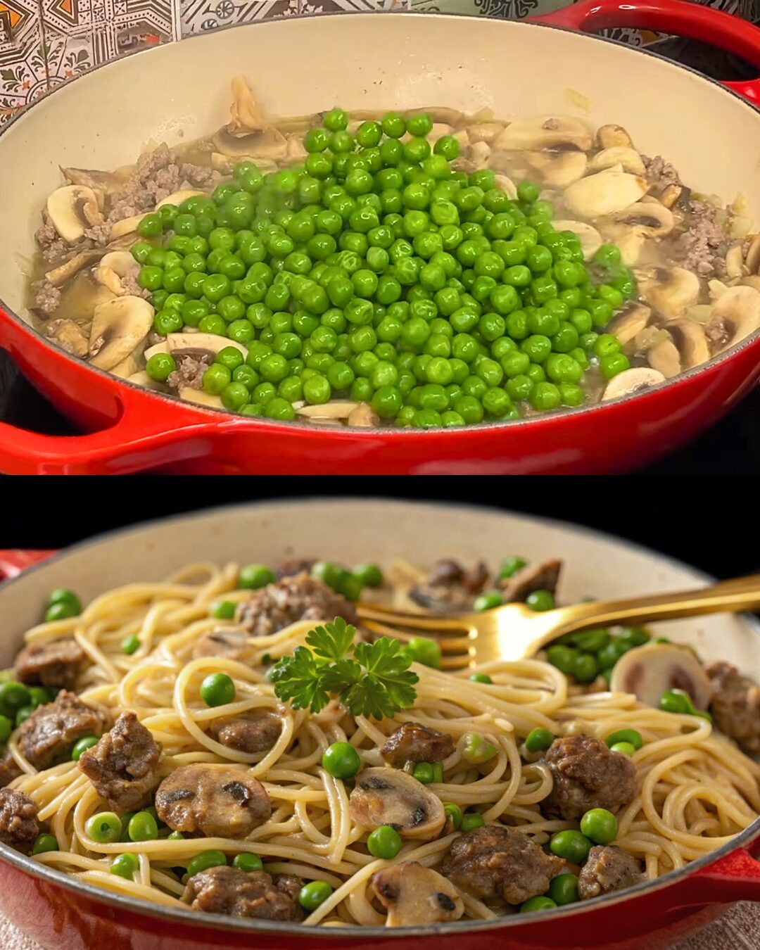 Creamy Beef and Mushroom Spaghetti with Green Peas