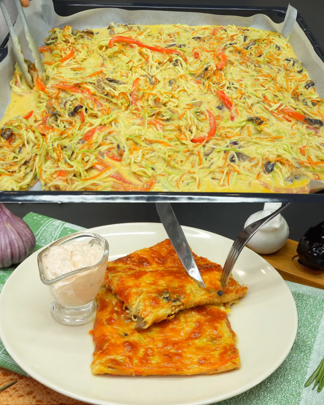 Vegetable Frittata with Creamy Garlic Sauce