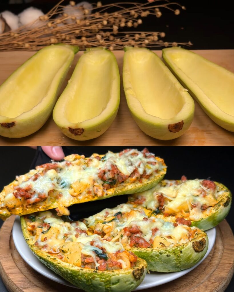 Cheesy Pineapple and Veal Stuffed Zucchini Boats
