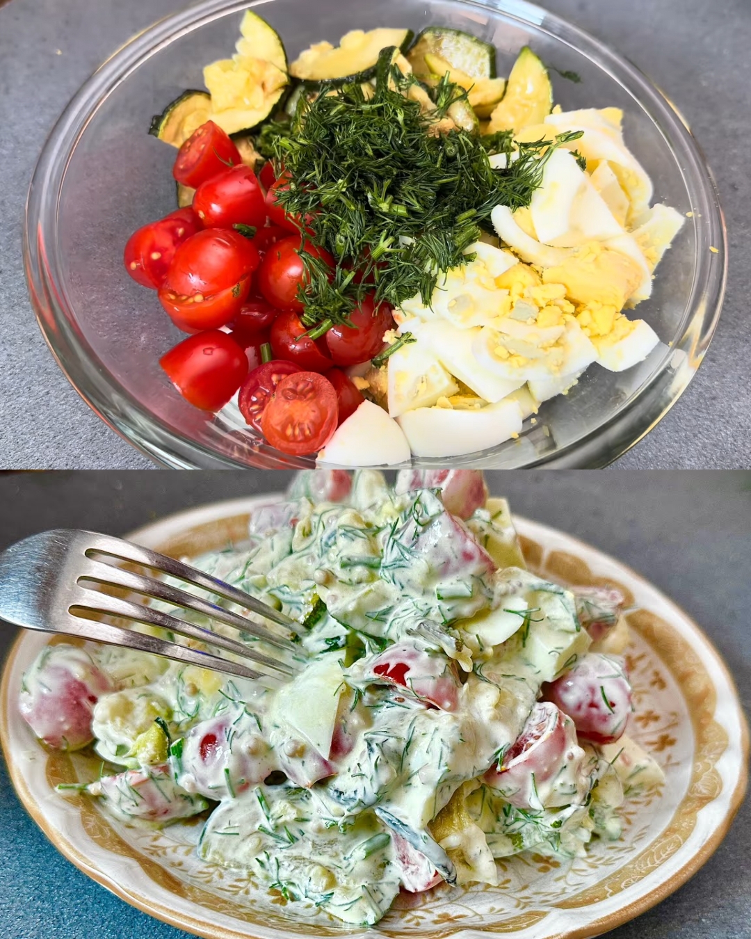 Zucchini, Tomato, and Egg Salad with Mustard Yogurt Dressing