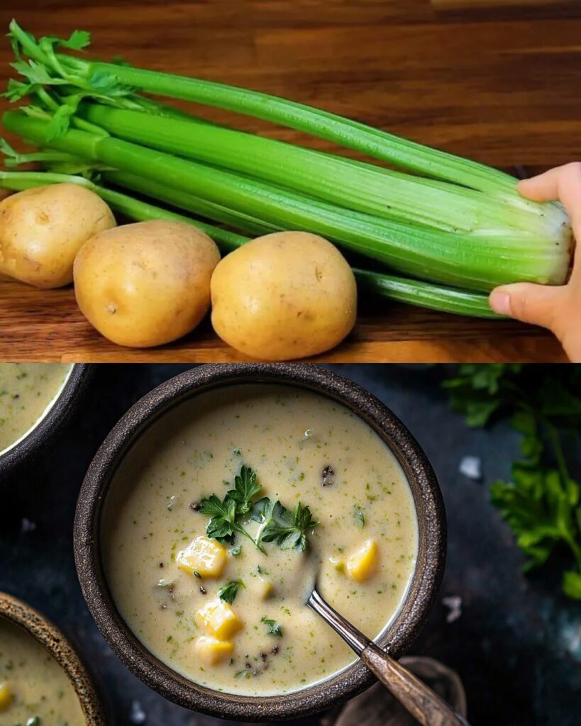Creamy Celery and Potato Soup with Crispy Bread Crusts