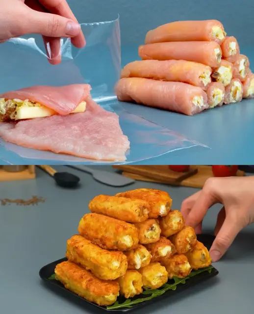 Cheesy Chicken and Mushroom Meat Rolls with Potato Salad