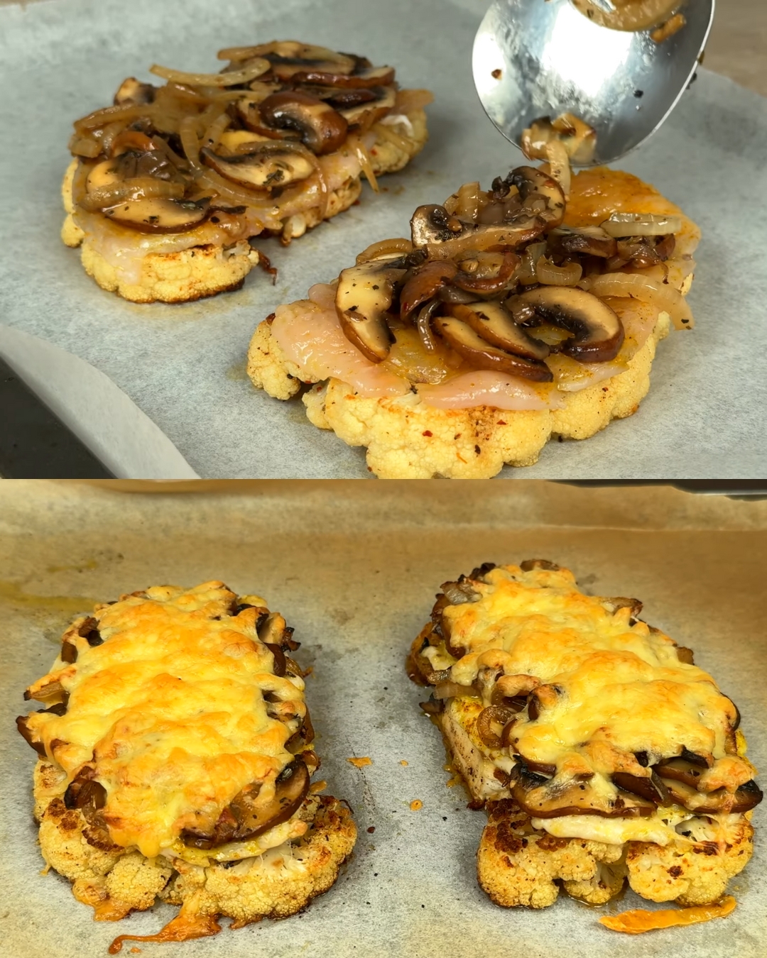 Cauliflower Steaks with Chicken and Mushroom Topping