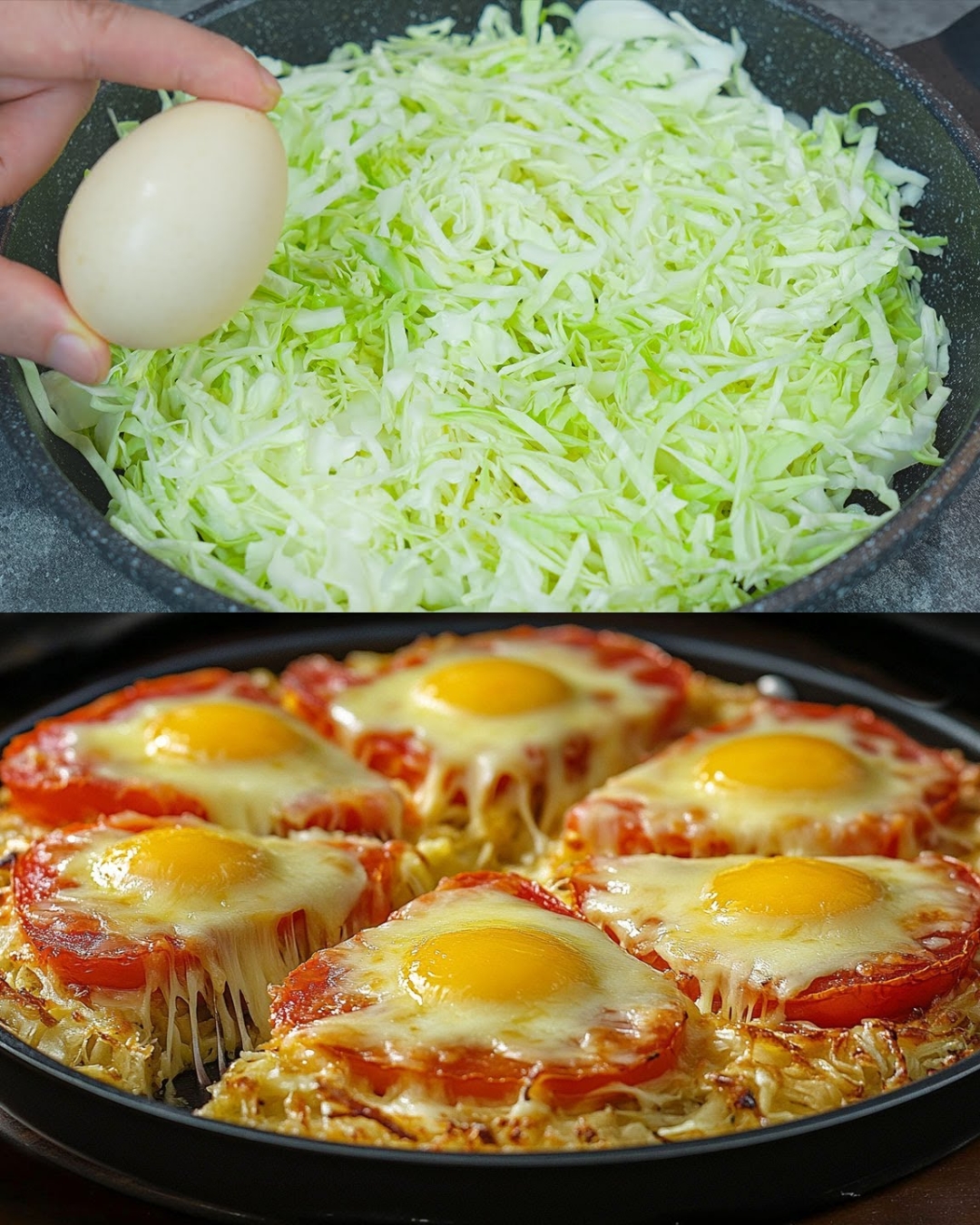 Cheesy Cabbage Pancake with Sliced Tomato and Egg Toppings