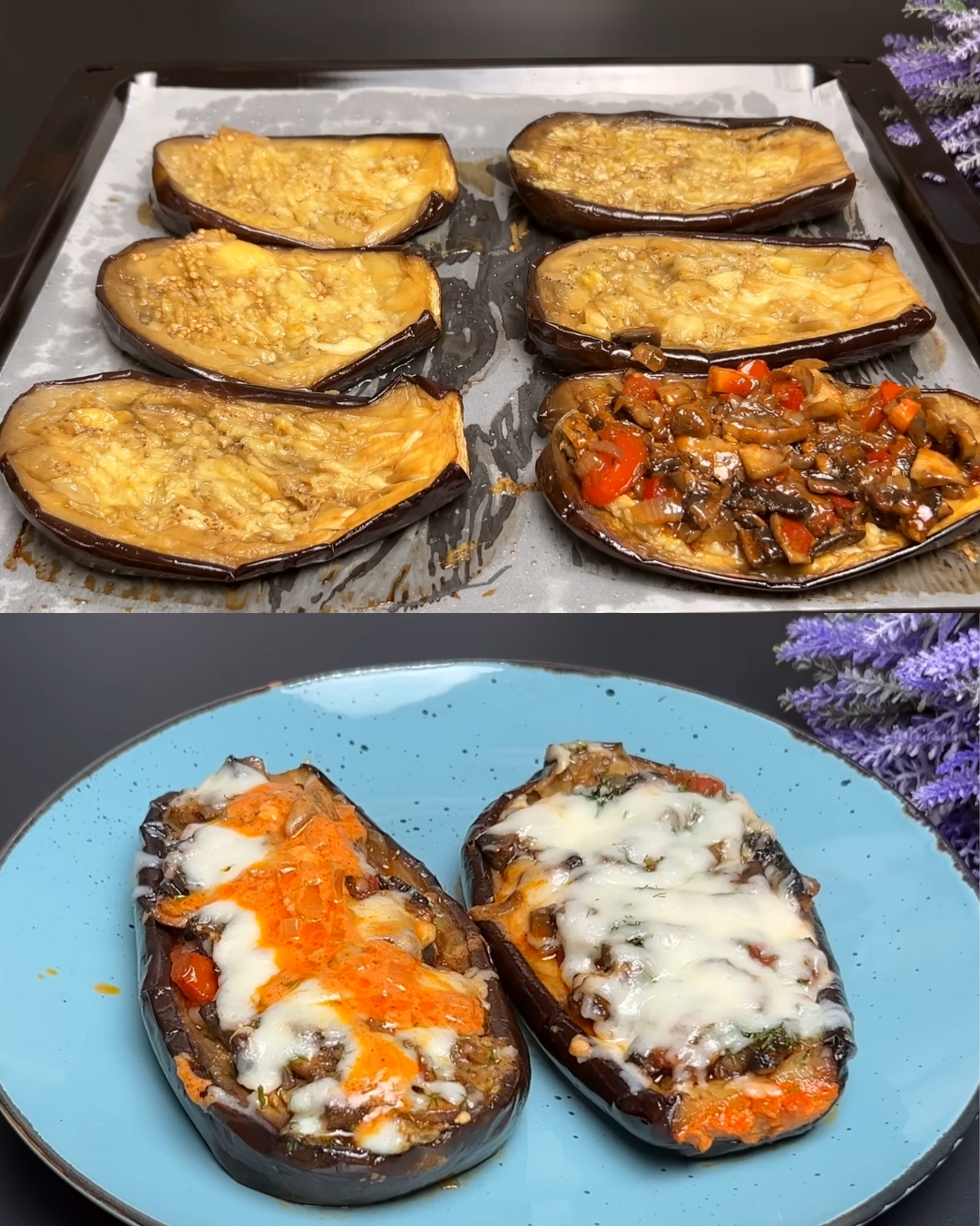 Stuffed Eggplant with Mushroom and Tomato Cream Sauce