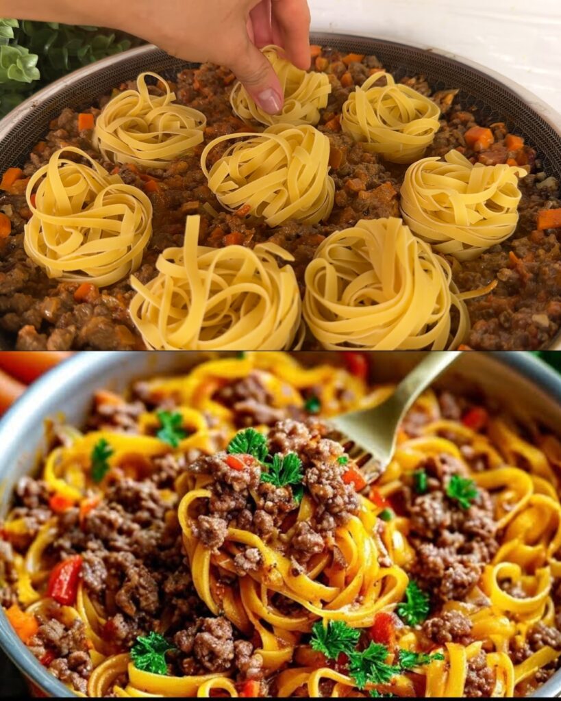 Creamy Tomato Noodle Nests with Minced Meat