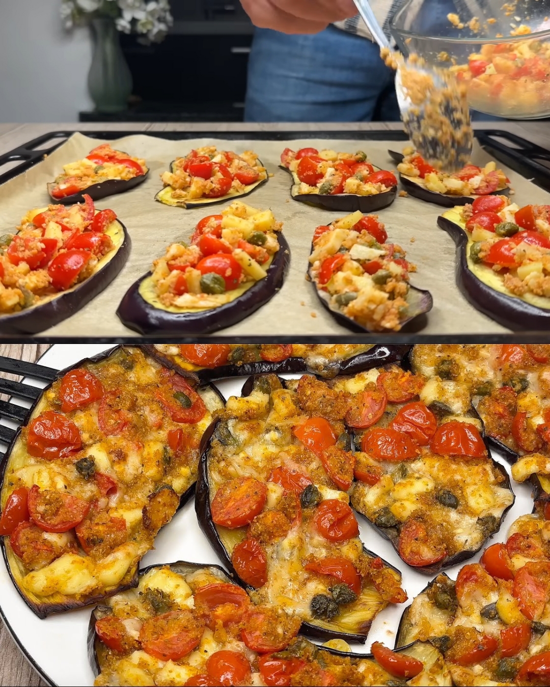 Baked Eggplant with Cherry Tomatoes, Capers, and Cheese