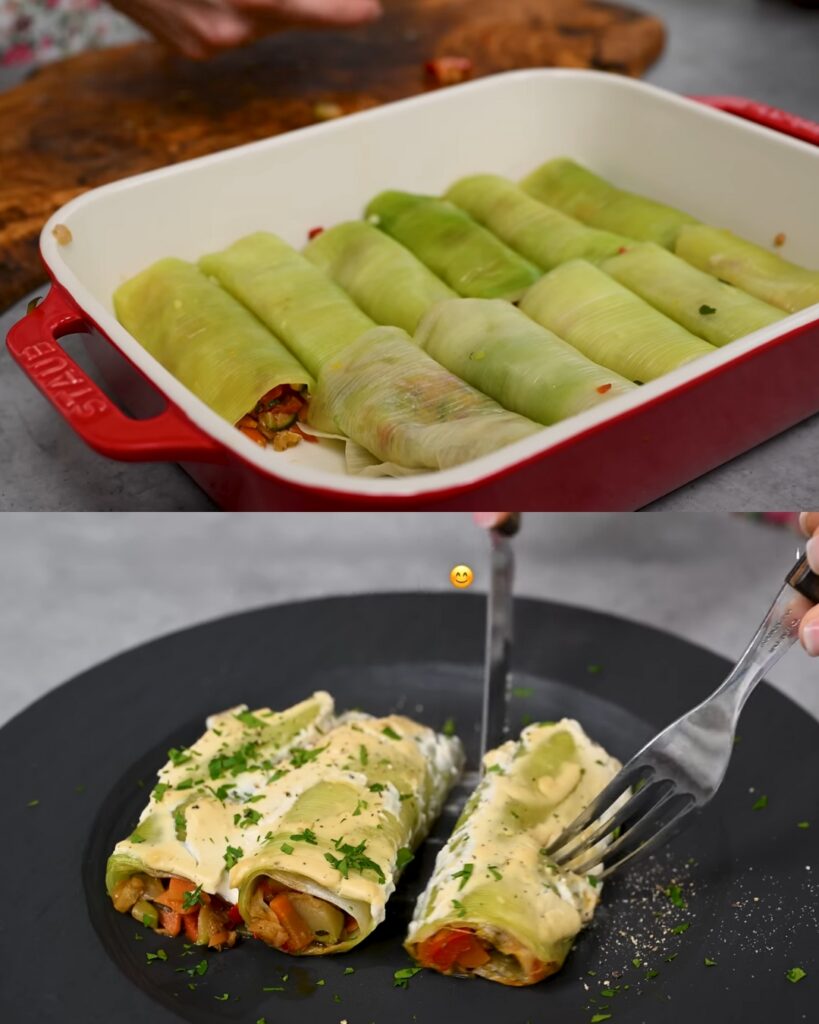Leek Rolls with Veggie Nut Filling and Creamy Mustard Sauce