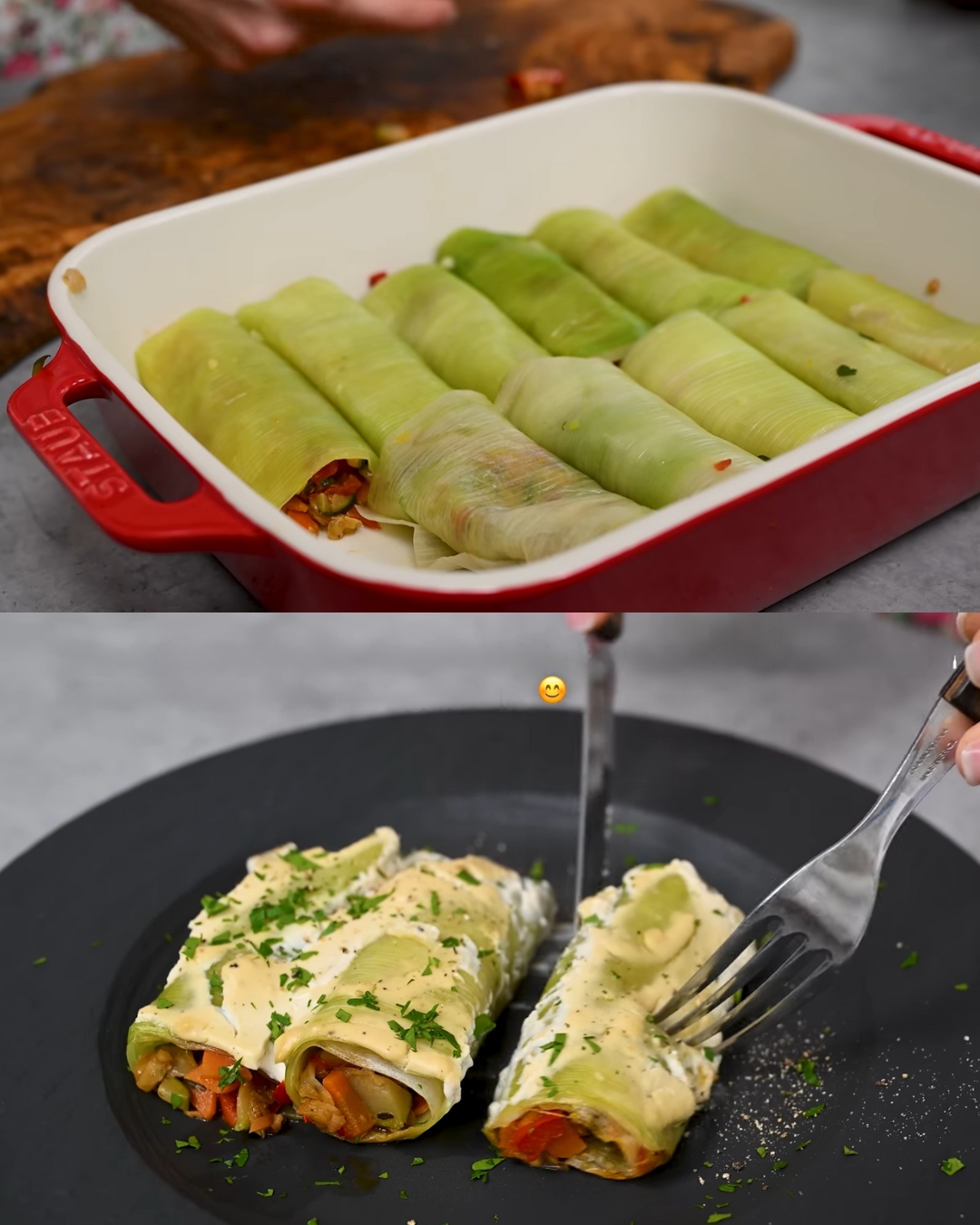 Leek Rolls with Veggie Nut Filling and Creamy Mustard Sauce