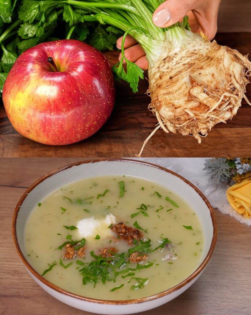 Creamy Apple and Celery Soup with Caramelized Walnut Topping