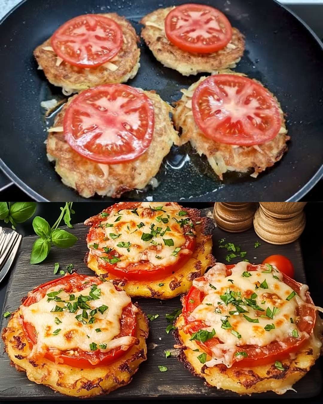 Crispy Potato Patties with Tomato and Cheese Toppings