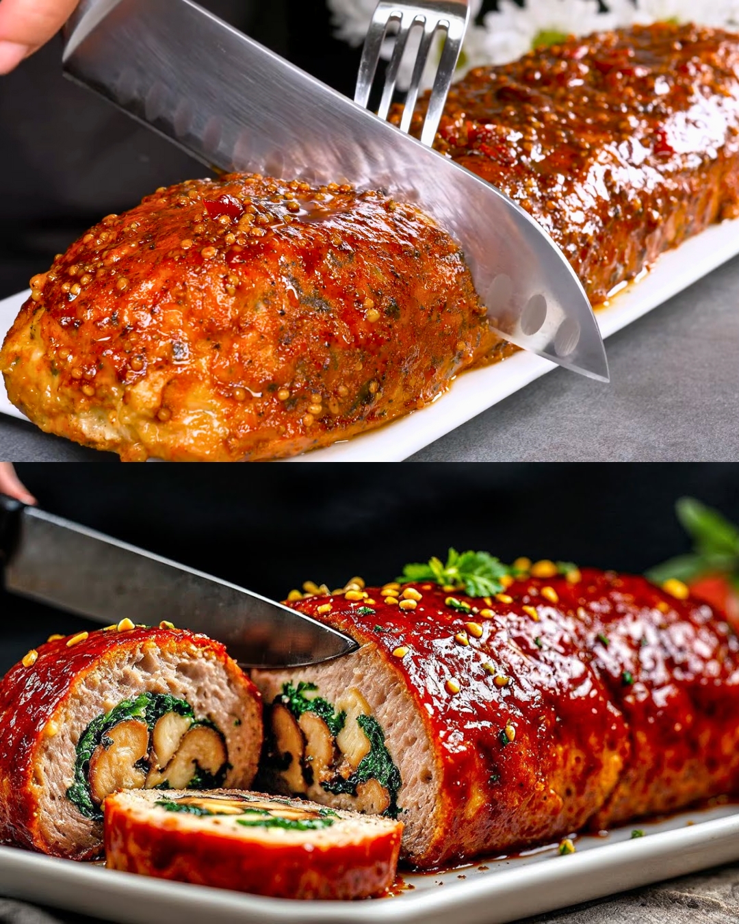 Meatloaf with Mushroom Spinach Filling
